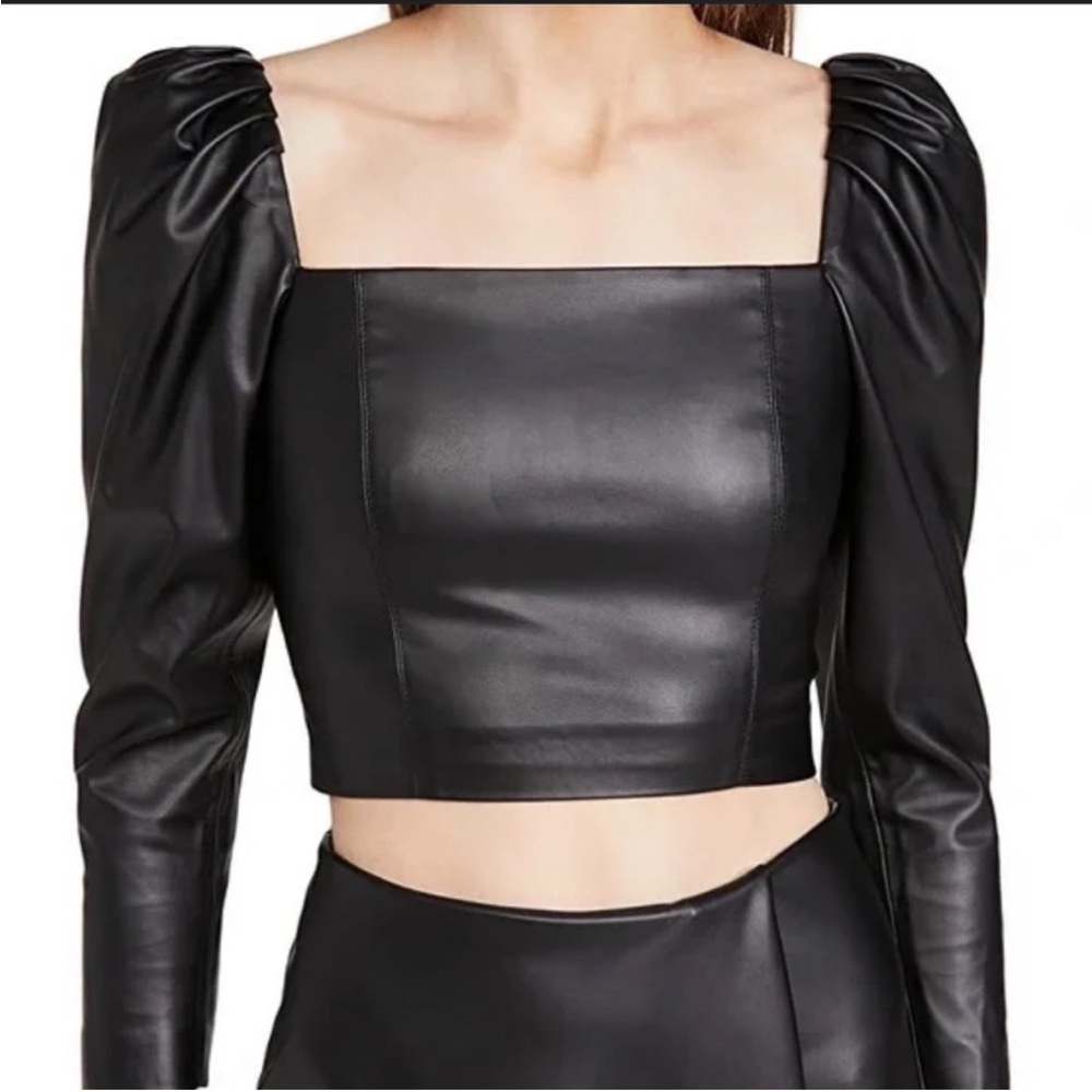 Alice + Olivia Francesca Black Vegan‎ Leather Top NWT Size 2